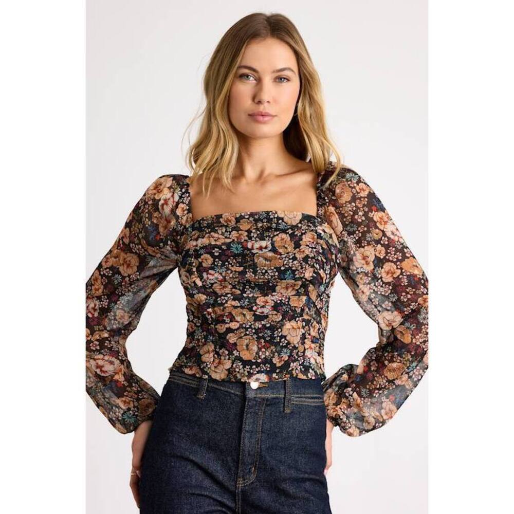 Lulus Mood Setter Black Multi Floral Print Ruched Long Sleeve Top - Size S